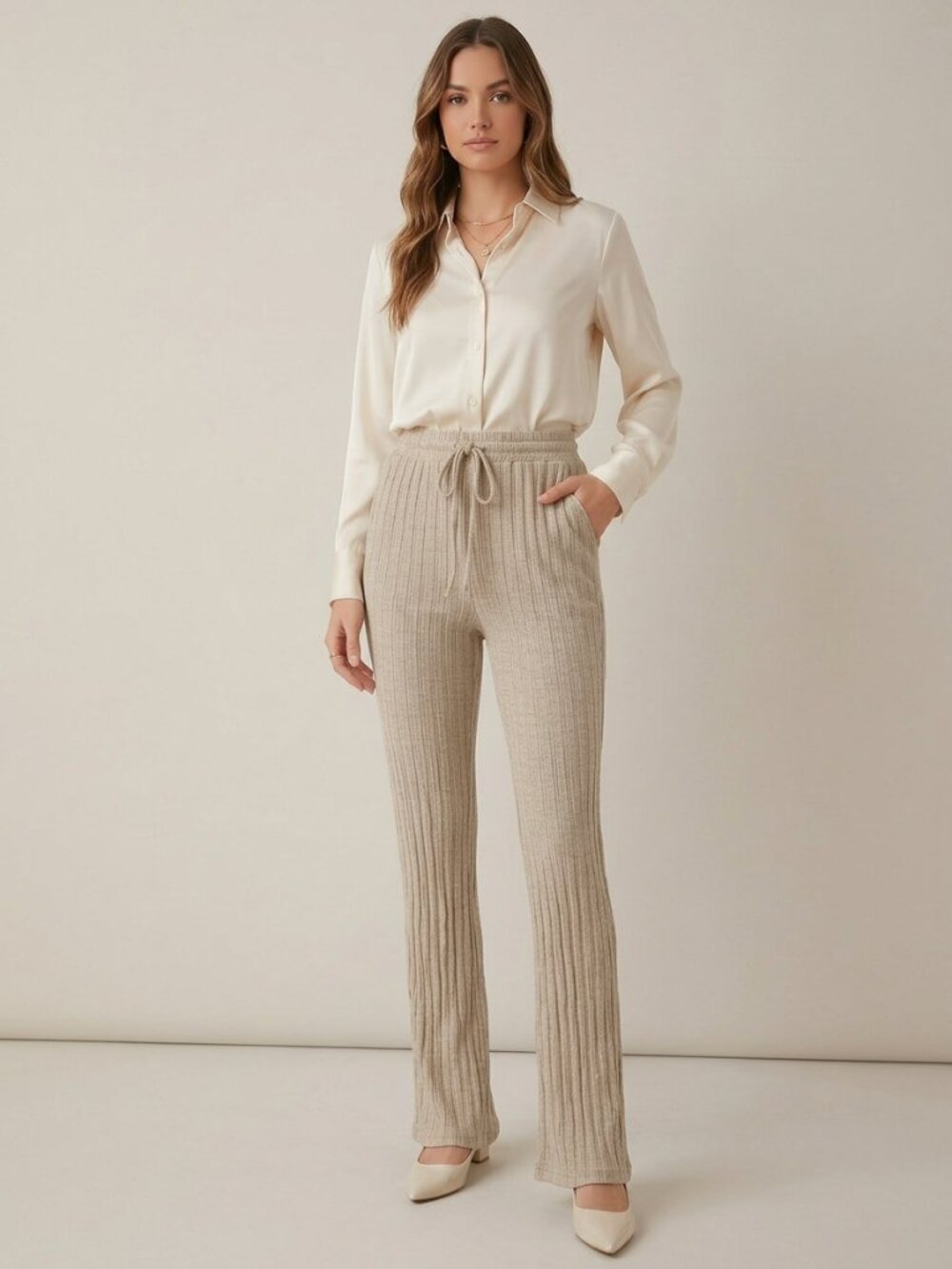 2/$30 TAHARI Ribbed Textured Knit Drawstring Flare Trouser Ivory Small #A5533